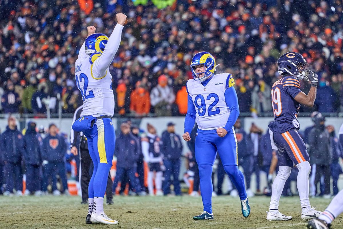 Los Angeles Rams place kicker Harrison Mevis #92 celebrates kicking the winning field goal in overtime after an NFL Divisional football game against the Chicago Bears, on Sunday, January 18, 2026 in Chicago, Illinois. Los Angeles Rams place kicker Harrison Mevis #92 celebrates kicking the winning field goal in overtime after an NFL Divisional football game against the Chicago Bears, on Sunday, January 18, 2026 in Chicago, Illinois.