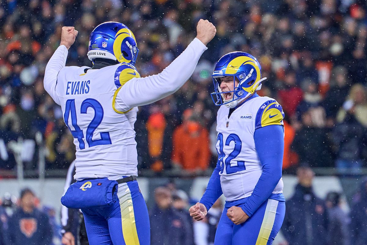 Los Angeles Rams place kicker Harrison Mevis #92 celebrates kicking the winning field goal in overtime after an NFL Divisional football game against the Chicago Bears, on Sunday, January 18, 2026 in Chicago, Illinois. Los Angeles Rams place kicker Harrison Mevis #92 celebrates kicking the winning field goal in overtime after an NFL Divisional football game against the Chicago Bears, on Sunday, January 18, 2026 in Chicago, Illinois.