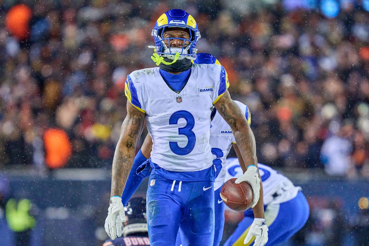 Los Angeles Rams safety Kam Curl #3 celebrates with teammates after making an interception during an NFL Divisional football game against the Chicago Bears, on Sunday, January 18, 2026 in Chicago, Illinois. Los Angeles Rams safety Kam Curl #3 celebrates with teammates after making an interception during an NFL Divisional football game against the Chicago Bears, on Sunday, January 18, 2026 in Chicago, Illinois.