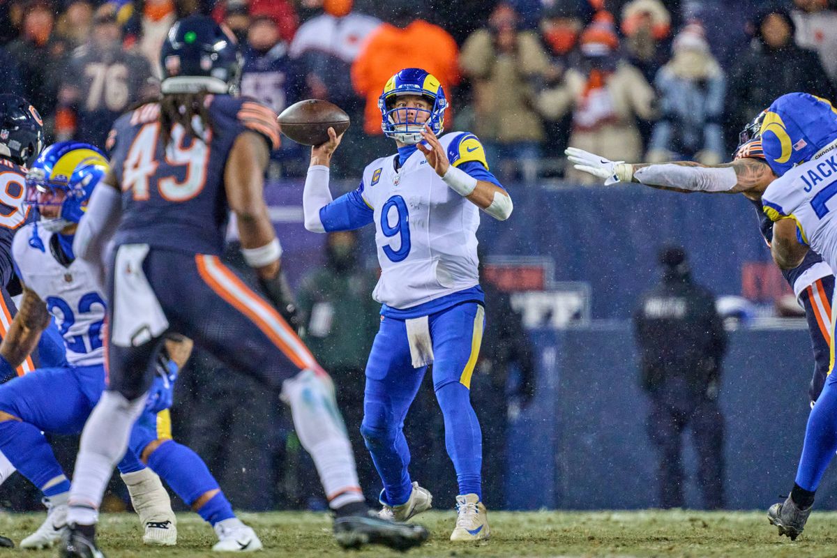Los Angeles Rams quarterback Matthew Stafford #9 throws the football during an NFL Divisional football game against the Chicago Bears, on Sunday, January 18, 2026 in Chicago, Illinois. Los Angeles Rams quarterback Matthew Stafford #9 throws the football during an NFL Divisional football game against the Chicago Bears, on Sunday, January 18, 2026 in Chicago, Illinois.