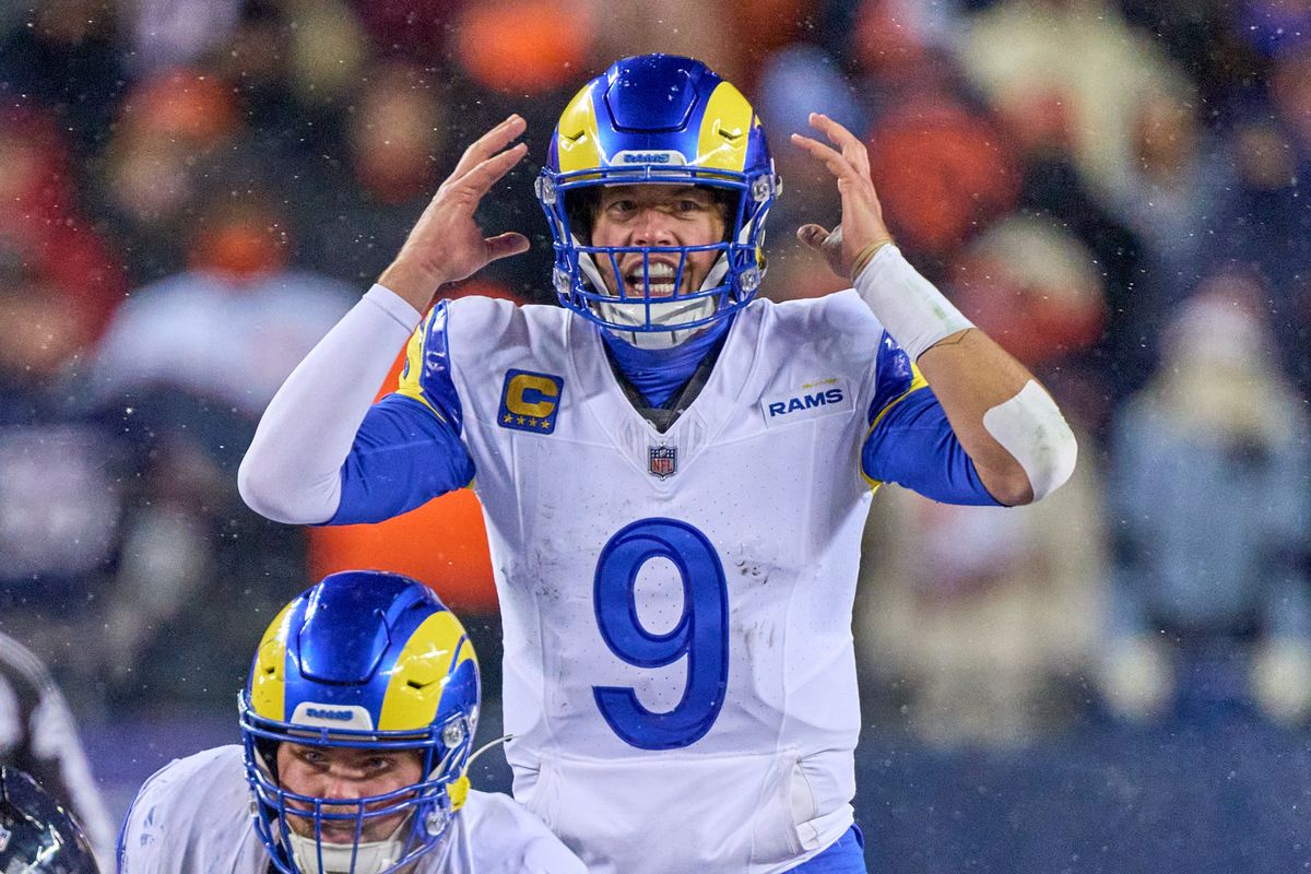Los Angeles Rams quarterback Matthew Stafford #9 signals for a play during an NFL Divisional football game against the Chicago Bears, on Sunday, January 18, 2026 in Chicago, Illinois. Los Angeles Rams quarterback Matthew Stafford #9 signals for a play during an NFL Divisional football game against the Chicago Bears, on Sunday, January 18, 2026 in Chicago, Illinois.