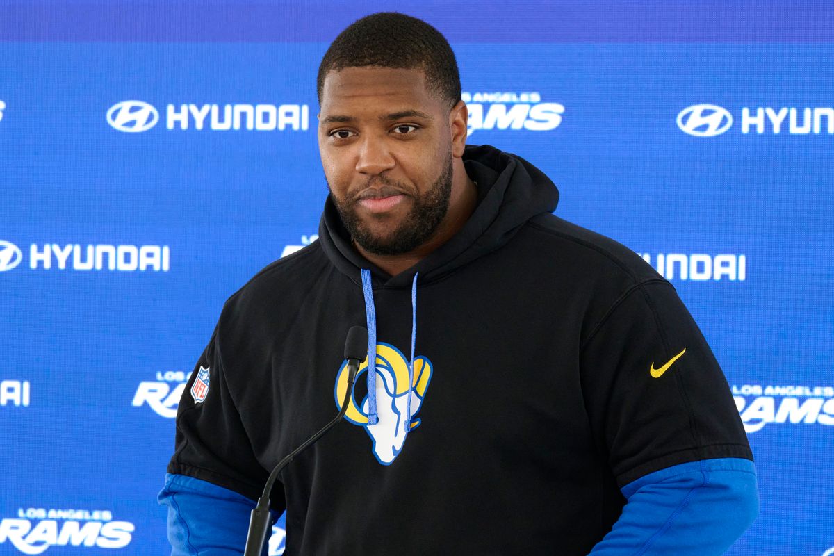 The Los Angeles Rams DT Kobie Turner #91 talks during a press conference, April 20th, 2026 in Woodland Hills California. The Los Angeles Rams DT Kobie Turner #91 talks during a press conference, April 20th, 2026 in Woodland Hills California.