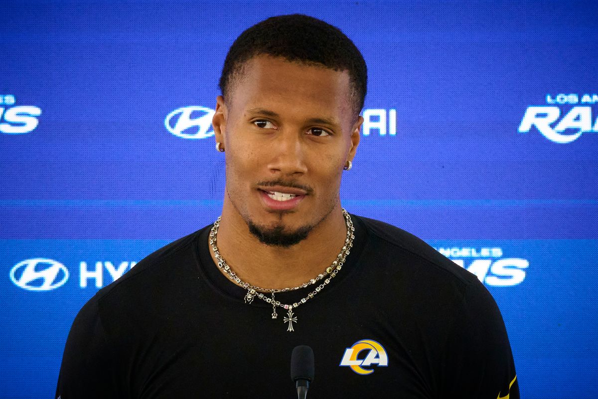 The Los Angeles Rams safety Quentin Lake #37 talks during a press conference, April 20th, 2026 in Woodland Hills California. The Los Angeles Rams safety Quentin Lake #37 talks during a press conference, April 20th, 2026 in Woodland Hills California.