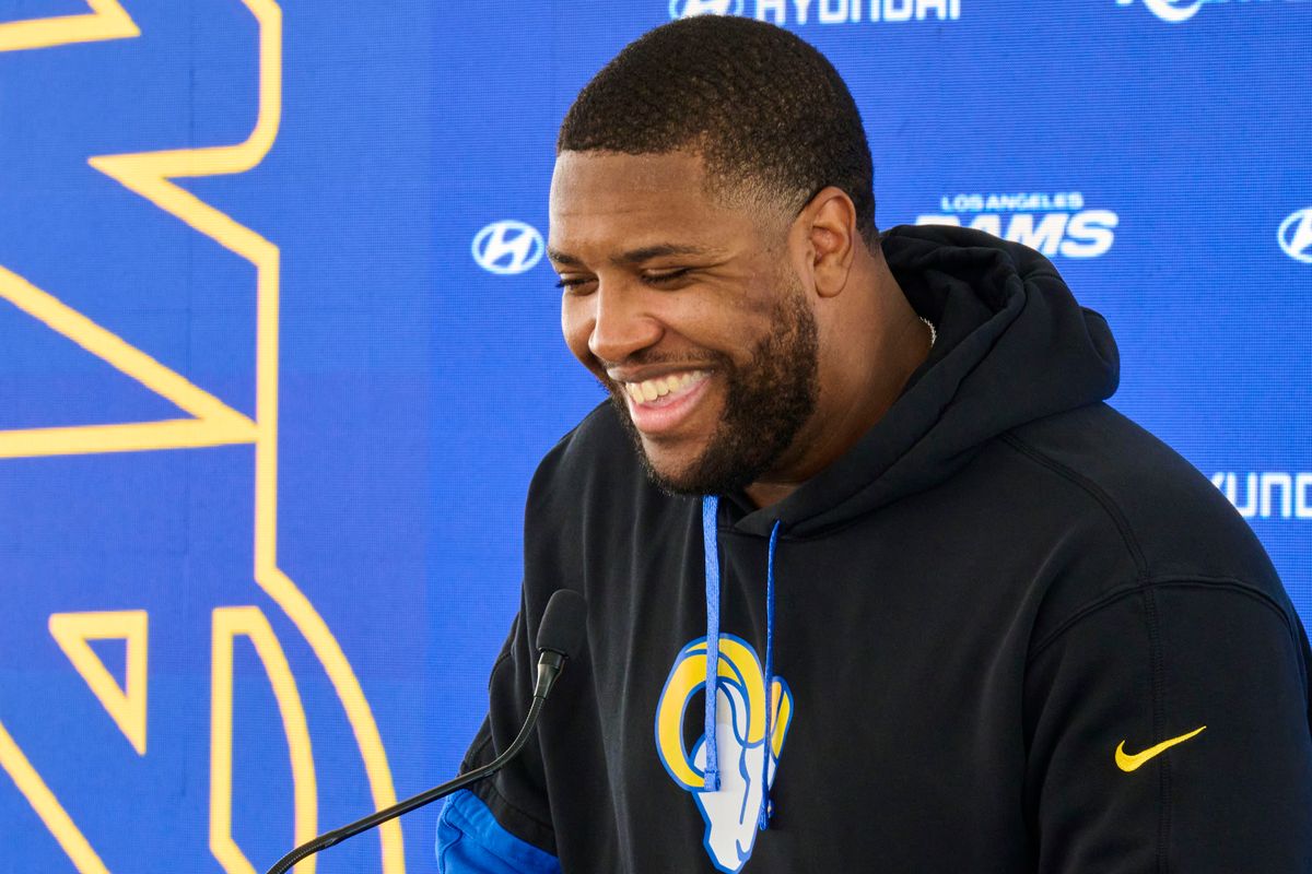 The Los Angeles Rams DT Kobie Turner #91 talks during a press conference, April 20th, 2026 in Woodland Hills California. The Los Angeles Rams DT Kobie Turner #91 talks during a press conference, April 20th, 2026 in Woodland Hills California.