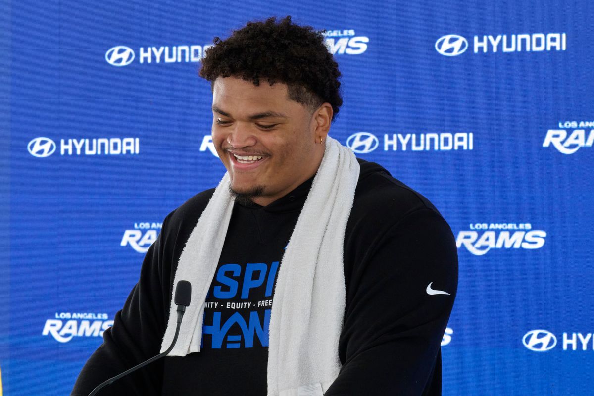 The Los Angeles Rams OL Steve Avila #73 talks during a press conference, April 20th, 2026 in Woodland Hills California. The Los Angeles Rams OL Steve Avila #73 talks during a press conference, April 20th, 2026 in Woodland Hills California.