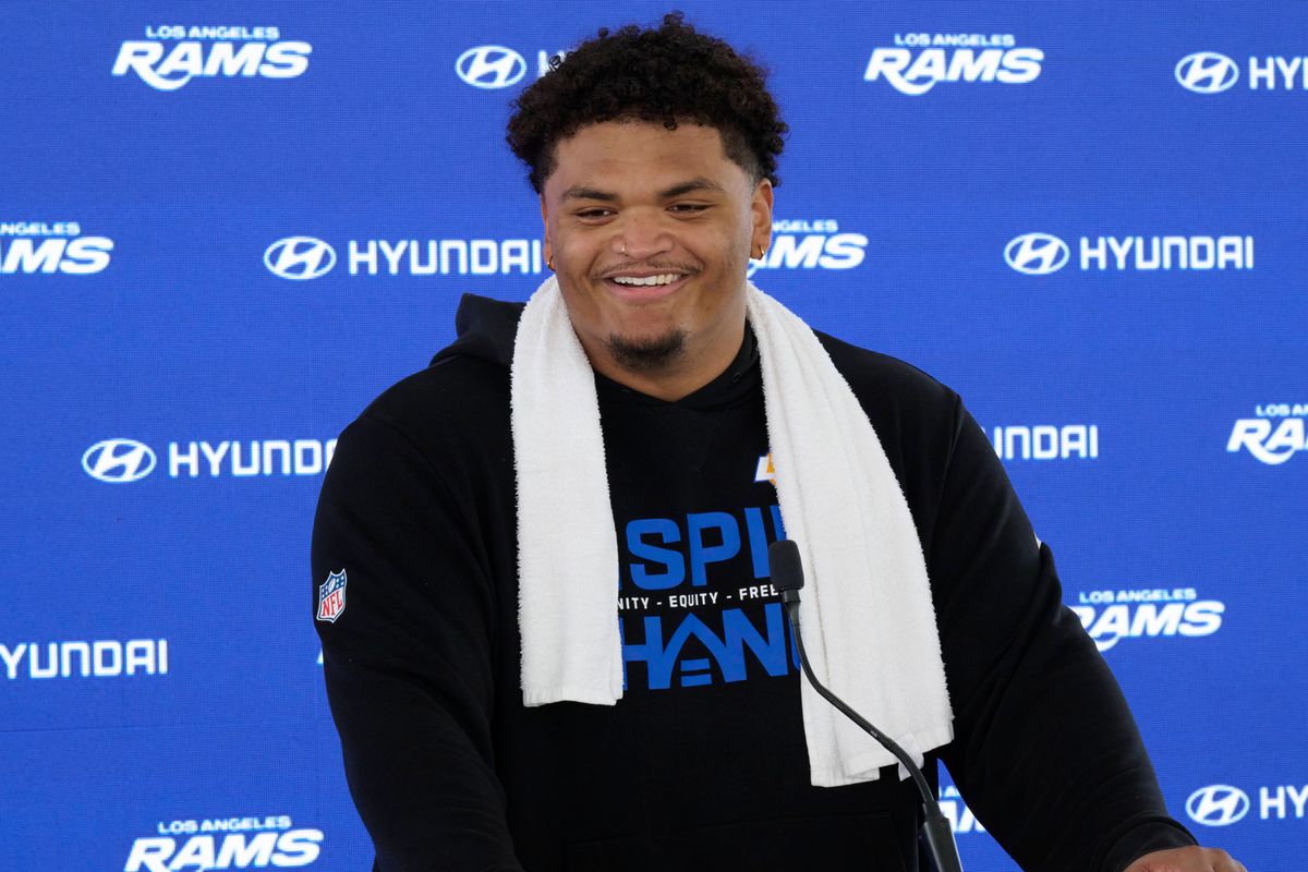The Los Angeles Rams OL Steve Avila #73 talks during a press conference, April 20th, 2026 in Woodland Hills California. The Los Angeles Rams OL Steve Avila #73 talks during a press conference, April 20th, 2026 in Woodland Hills California.