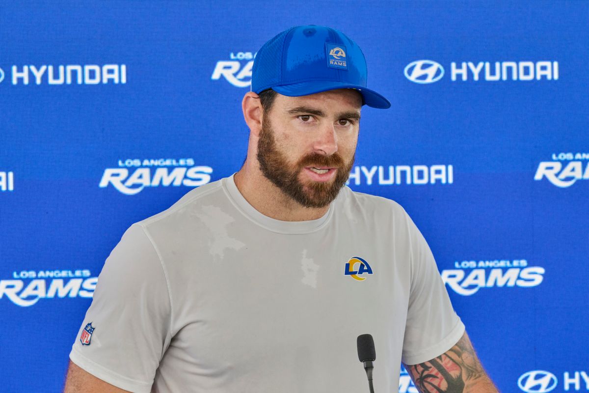 The Los Angeles Rams TE Tyler Higbee #89 talks during a press conference, April 20th, 2026 in Woodland Hills California. The Los Angeles Rams TE Tyler Higbee #89 talks during a press conference, April 20th, 2026 in Woodland Hills California.