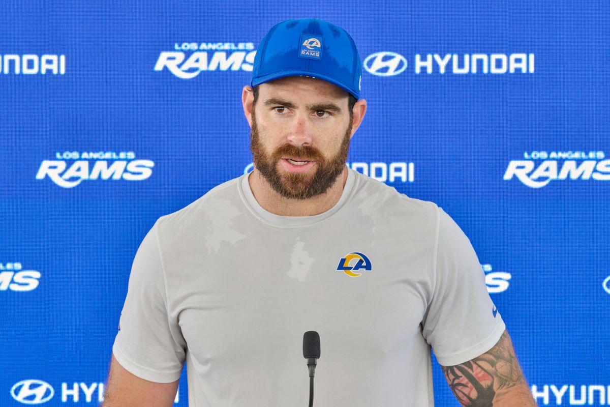 The Los Angeles Rams TE Tyler Higbee #89 talks during a press conference, April 20th, 2026 in Woodland Hills California. The Los Angeles Rams TE Tyler Higbee #89 talks during a press conference, April 20th, 2026 in Woodland Hills California.