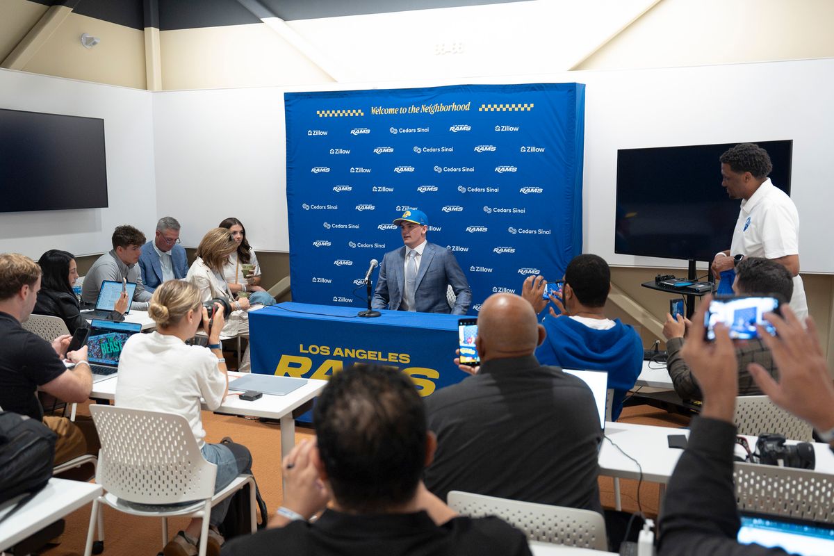 Los Angeles Rams quarterback Ty Simpson attends his first presser after being drafted in the first round of the NFL Draft on April 24th, 2026 at Hollywood Park. Los Angeles Rams quarterback Ty Simpson attends his first presser after being drafted in the first round of the NFL Draft on April 24th, 2026 at Hollywood Park.
