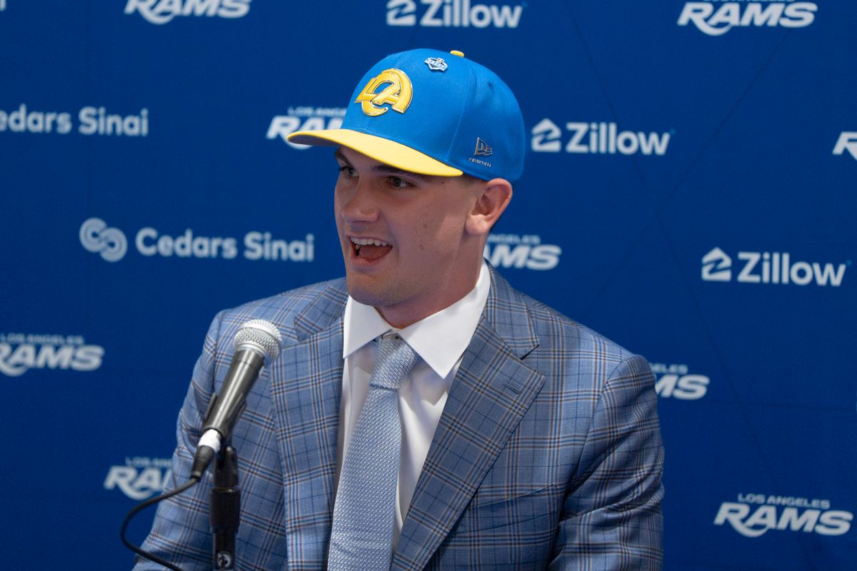 Los Angeles Rams quarterback Ty Simpson attends his first presser after being drafted in the first round of the NFL Draft on April 24th, 2026 at Hollywood Park. Los Angeles Rams quarterback Ty Simpson attends his first presser after being drafted in the first round of the NFL Draft on April 24th, 2026 at Hollywood Park.