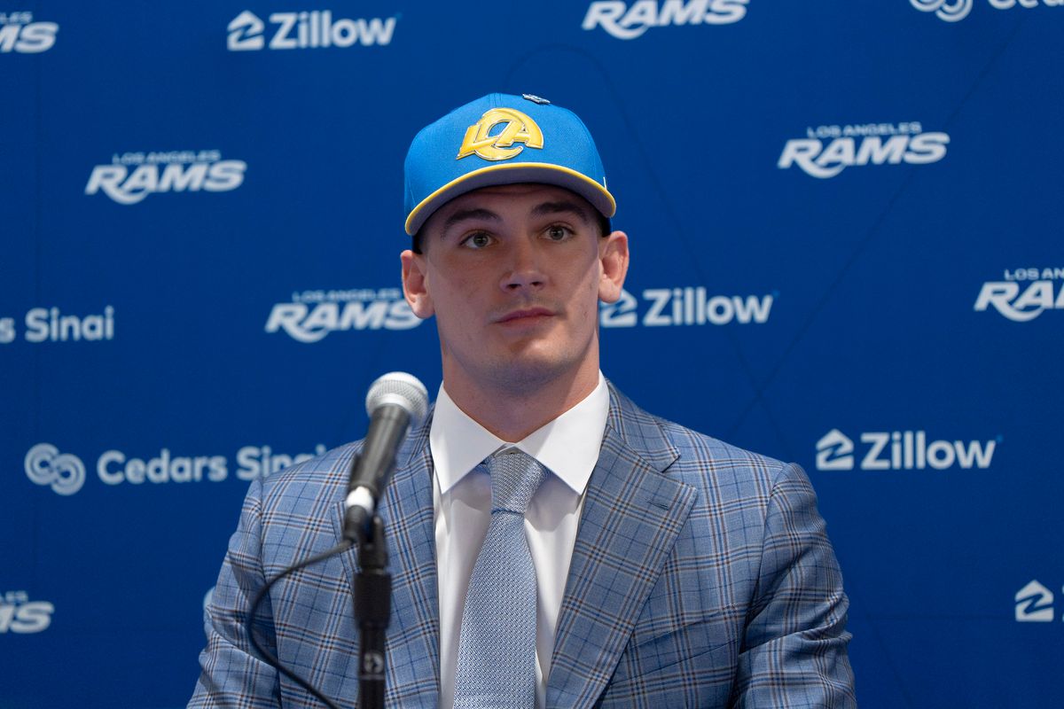 Los Angeles Rams quarterback Ty Simpson attends his first presser after being drafted in the first round of the NFL Draft on April 24th, 2026 at Hollywood Park. Los Angeles Rams quarterback Ty Simpson attends his first presser after being drafted in the first round of the NFL Draft on April 24th, 2026 at Hollywood Park.