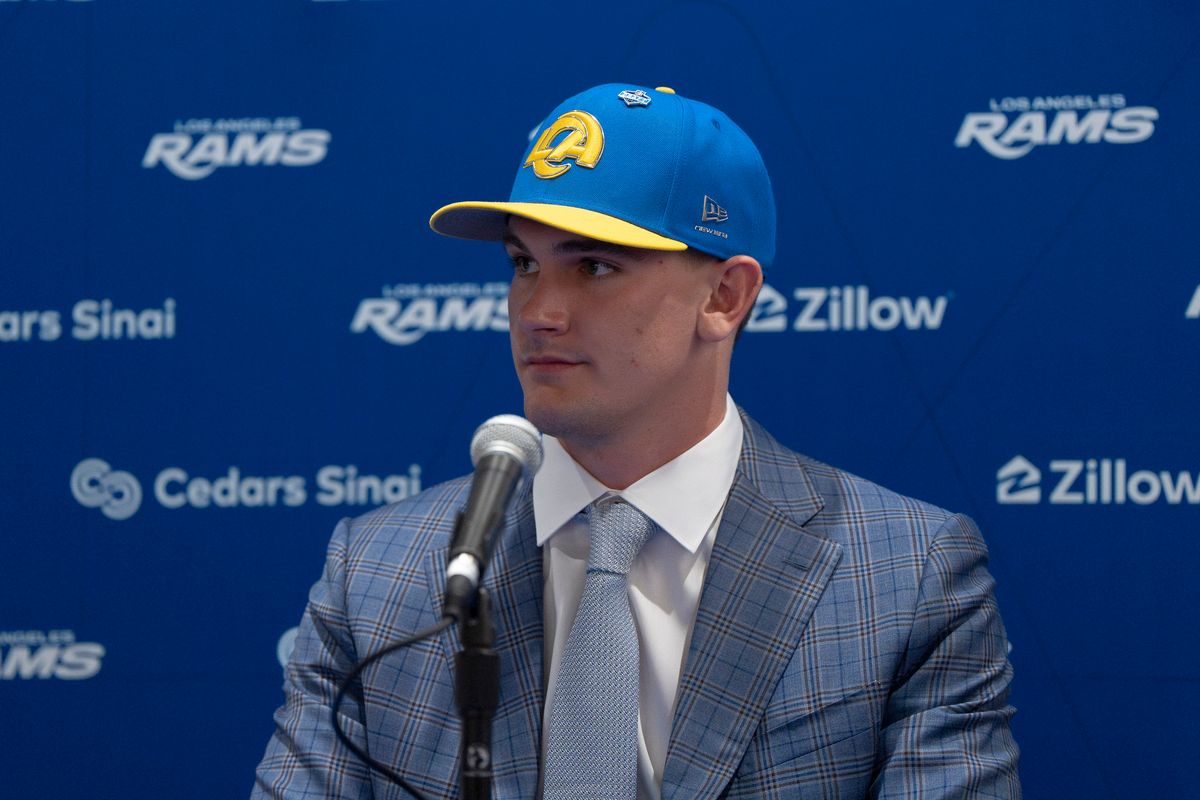 Los Angeles Rams quarterback Ty Simpson attends his first presser after being drafted in the first round of the NFL Draft on April 24th, 2026 at Hollywood Park. Los Angeles Rams quarterback Ty Simpson attends his first presser after being drafted in the first round of the NFL Draft on April 24th, 2026 at Hollywood Park.