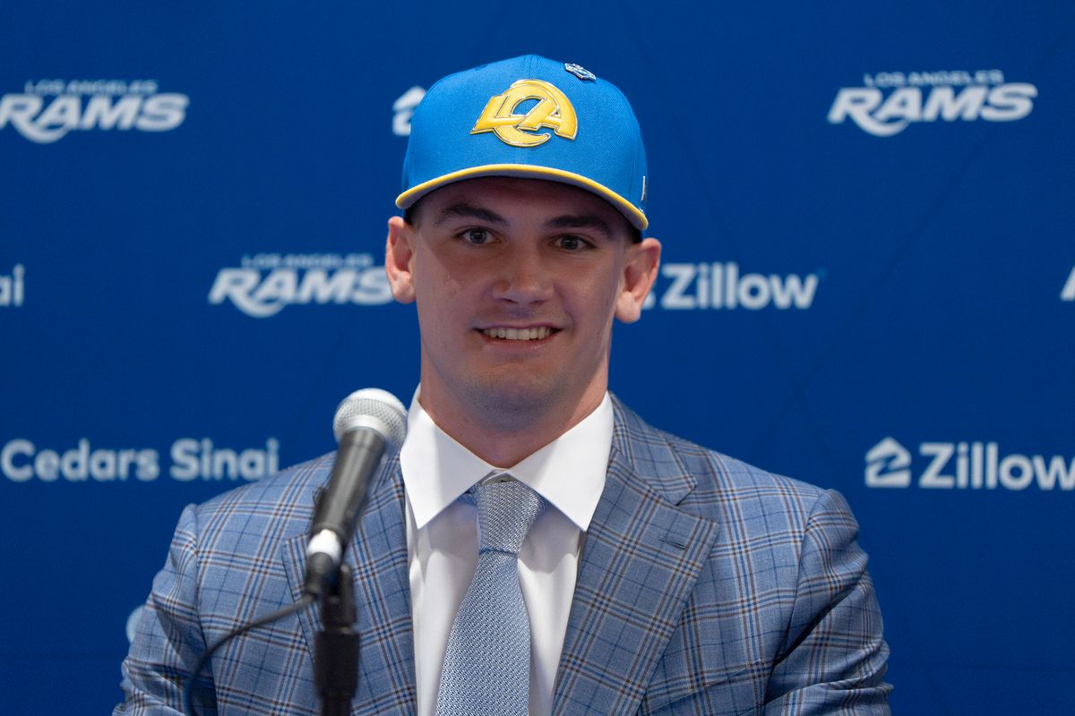 Los Angeles Rams quarterback Ty Simpson attends his first presser after being drafted in the first round of the NFL Draft on April 24th, 2026 at Hollywood Park. Los Angeles Rams quarterback Ty Simpson attends his first presser after being drafted in the first round of the NFL Draft on April 24th, 2026 at Hollywood Park.