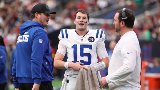 Jan 4, 2026; Houston, Texas, USA; Indianapolis Colts quarterback Philip Rivers (17) with quarterback Riley Leonard (15) on the sidelines during the second half against the Houston Texans at NRG Stadium. Jan 4, 2026; Houston, Texas, USA; Indianapolis Colts quarterback Philip Rivers (17) with quarterback Riley Leonard (15) on the sidelines during the second half against the Houston Texans at NRG Stadium.