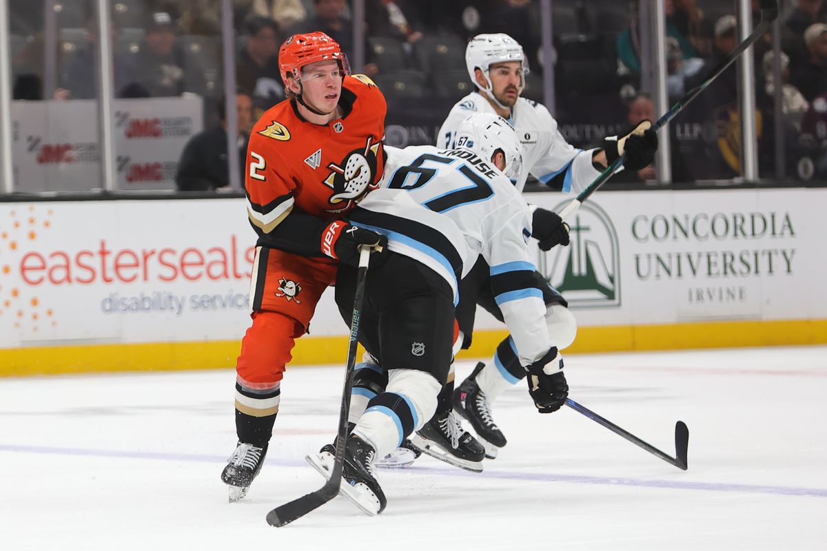 #2 D Jackson LaCombe of the Anaheim Ducks battles for position during an NHL game against the Utah Mammoth on November 17, 2025 in Anaheim, Calif. #2 D Jackson LaCombe of the Anaheim Ducks battles for position during an NHL game against the Utah Mammoth on November 17, 2025 in Anaheim, Calif.
