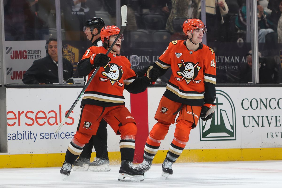 #51 D Ollen Zellweger and #45 RW Beckett Sennecke of the Anaheim Ducks celebrate a game winning goal in overtime during an NHL game against the Utah Mammoth on November 17, 2025 in Anaheim, Calif. #51 D Ollen Zellweger and #45 RW Beckett Sennecke of the Anaheim Ducks celebrate a game winning goal in overtime during an NHL game against the Utah Mammoth on November 17, 2025 in Anaheim, Calif.
