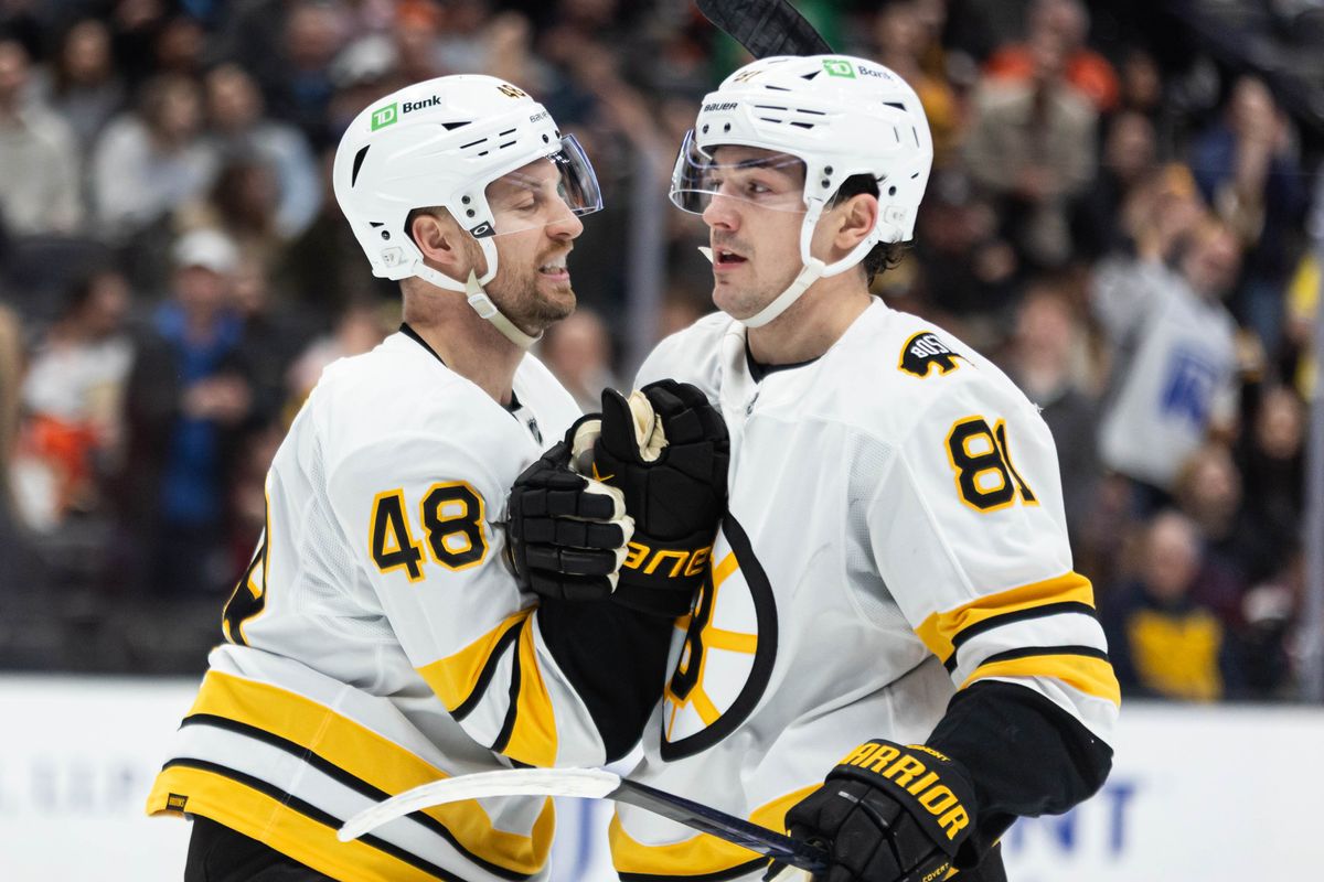 Boston Bruins L Jeffrey Viel (48) and C Michael Eyssimont (81) celebrates together after a goal during an NHL game against the Anaheim Ducks on November 19, 2025 in Anaheim, Calif. Boston Bruins L Jeffrey Viel (48) and C Michael Eyssimont (81) celebrates together after a goal during an NHL game against the Anaheim Ducks on November 19, 2025 in Anaheim, Calif.