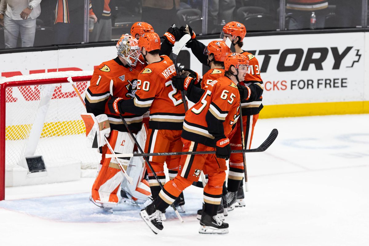 Anaheim Ducks players celebrate after winning the game during an NHL game against the Boston Bruins on November 19, 2025 in Anaheim, Calif. Anaheim Ducks players celebrate after winning the game during an NHL game against the Boston Bruins on November 19, 2025 in Anaheim, Calif.