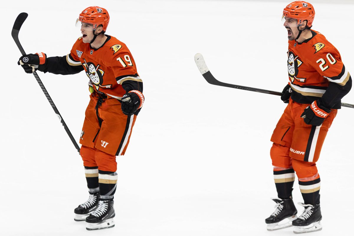 Anaheim Ducks R Troy Terry (19) and L Chris Kreider (20) celebrates after the game winning goal during an NHL game against the Boston Bruins on November 19, 2025 in Anaheim, Calif. Anaheim Ducks R Troy Terry (19) and L Chris Kreider (20) celebrates after the game winning goal during an NHL game against the Boston Bruins on November 19, 2025 in Anaheim, Calif.
