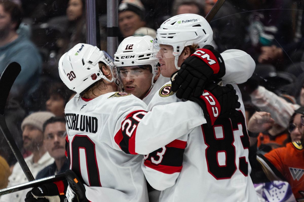 Ottawa Senators C Shane Pinto (12) celebrates after scoring a goal during an NHL game against the Anaheim Ducks on November 20, 2025 in Anaheim, Calif. Ottawa Senators C Shane Pinto (12) celebrates after scoring a goal during an NHL game against the Anaheim Ducks on November 20, 2025 in Anaheim, Calif.