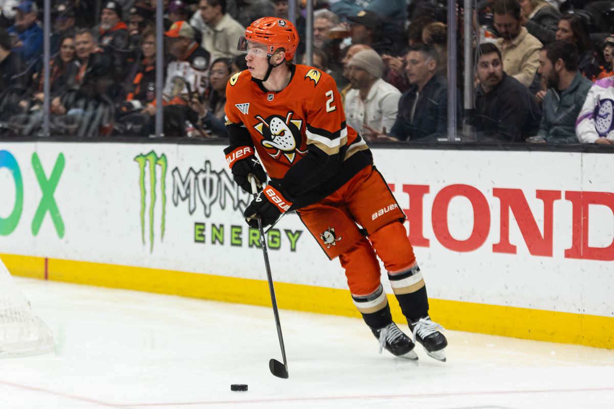 Anaheim Ducks D Jackson LaCombe (2) skates up with the puck during an NHL game against the Ottawa Senators on November 20, 2025 in Anaheim, Calif. Anaheim Ducks D Jackson LaCombe (2) skates up with the puck during an NHL game against the Ottawa Senators on November 20, 2025 in Anaheim, Calif.