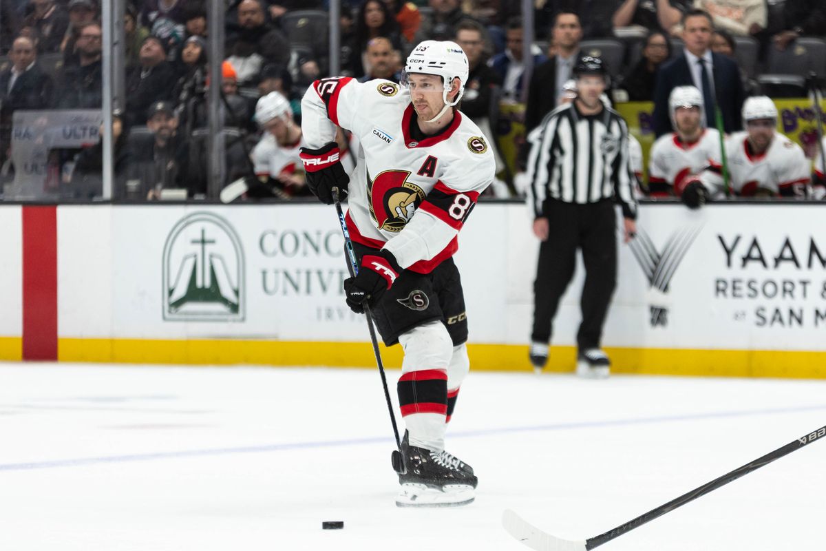 Ottawa Senators D Jake Sanderson (85) looks to pass the puck during an NHL game against the Anaheim Ducks on November 20, 2025 in Anaheim, Calif. Ottawa Senators D Jake Sanderson (85) looks to pass the puck during an NHL game against the Anaheim Ducks on November 20, 2025 in Anaheim, Calif.
