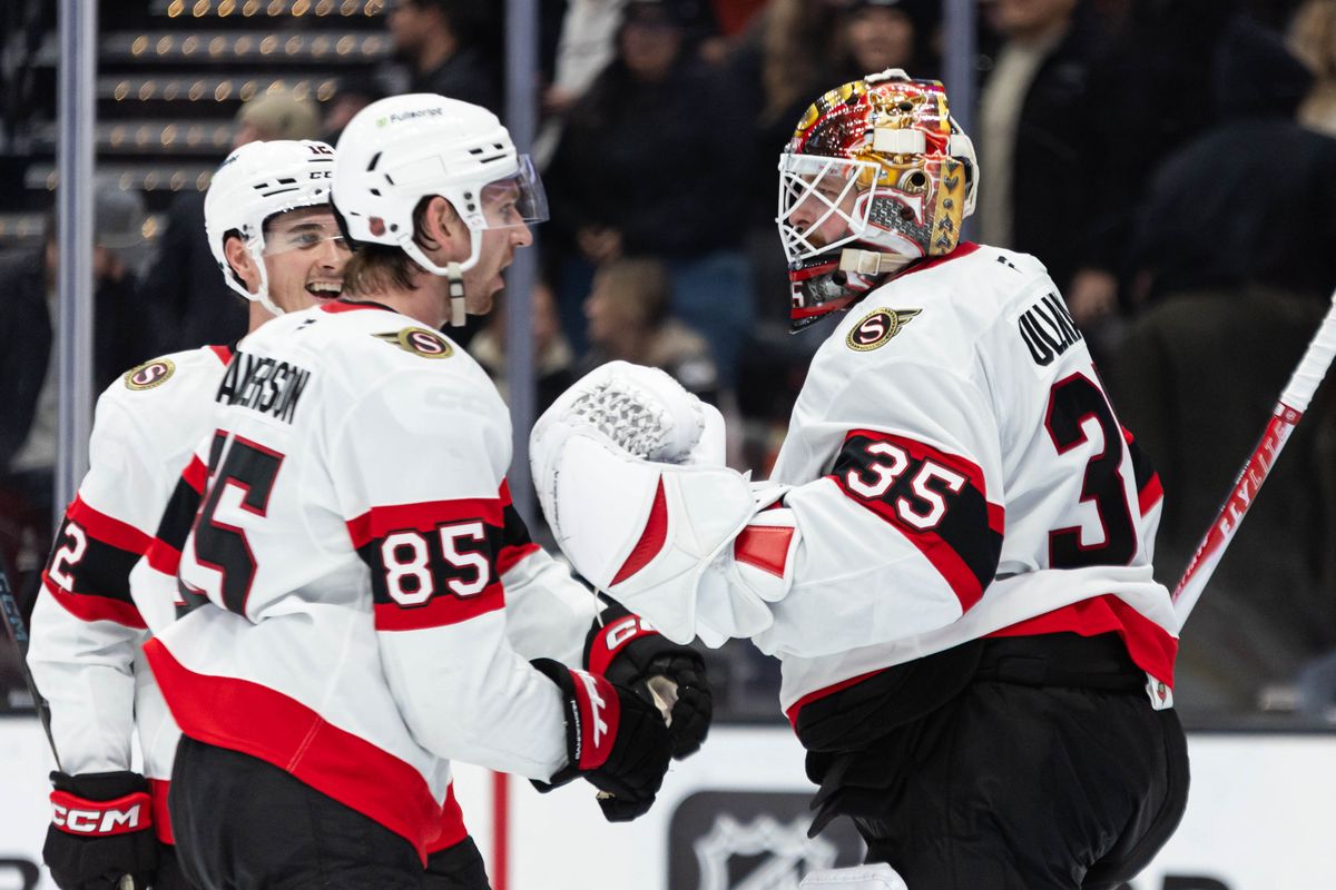Ottawa Senators G Linus Ullmark (35) and D Jake Sanderson (85) celebrate after winning during an NHL game against the Anaheim Ducks on November 20, 2025 in Anaheim, Calif. Ottawa Senators G Linus Ullmark (35) and D Jake Sanderson (85) celebrate after winning during an NHL game against the Anaheim Ducks on November 20, 2025 in Anaheim, Calif.