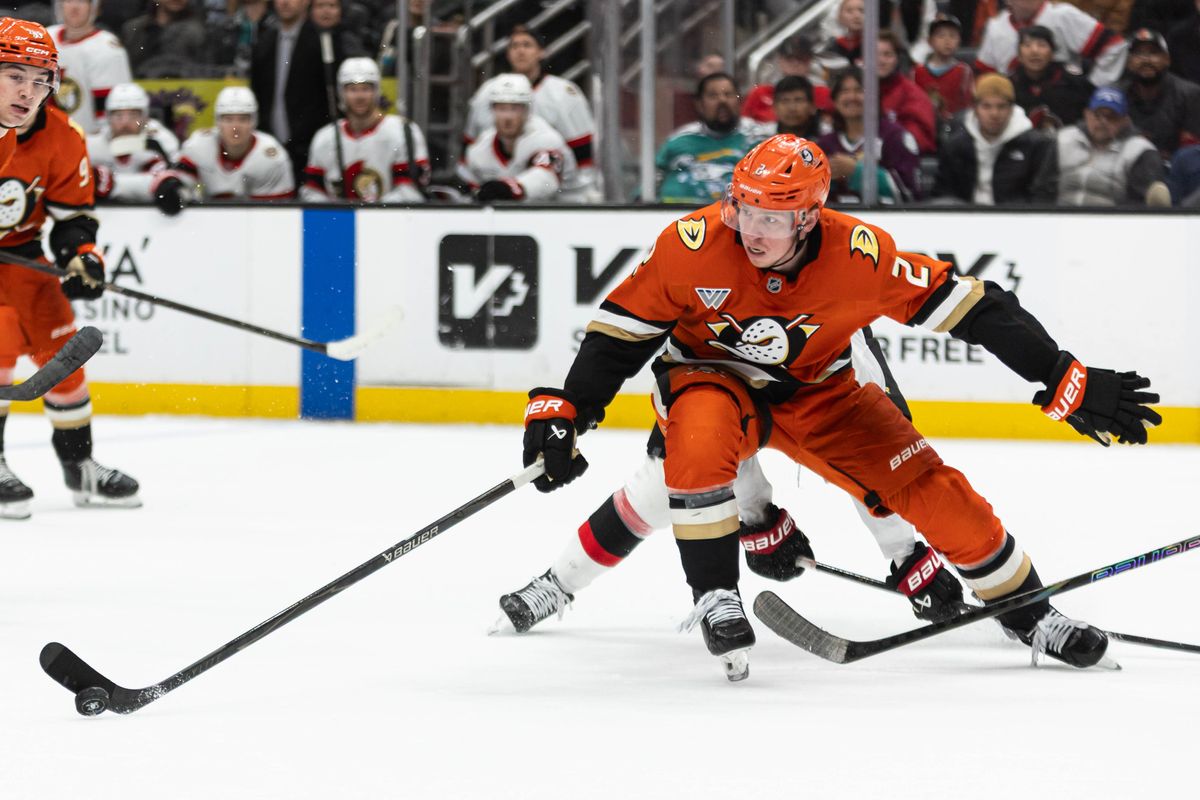 Anaheim Ducks D Jackson LaCombe (2) attempts to defend the puck during an NHL game against the Ottawa Senators on November 20, 2025 in Anaheim, Calif. Anaheim Ducks D Jackson LaCombe (2) attempts to defend the puck during an NHL game against the Ottawa Senators on November 20, 2025 in Anaheim, Calif.