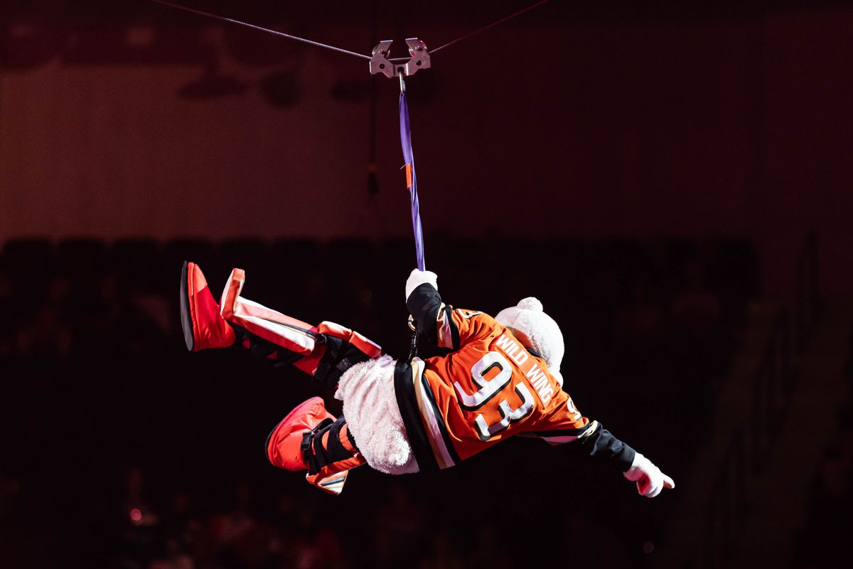 Anaheim Ducks' mascot Wild Wing rides a zipline during pregame in an NHL game against the Vancouver Canucks on November 26, 2025 in Anaheim, Calif. Anaheim Ducks' mascot Wild Wing rides a zipline during pregame in an NHL game against the Vancouver Canucks on November 26, 2025 in Anaheim, Calif.