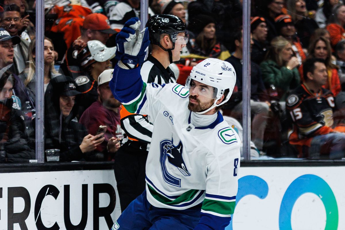 Vancouver Canucks right wing Conor Garland (8) celebrates after scoring a goal during an NHL game against the Anaheim Ducks on November 26, 2025 in Anaheim, Calif. Vancouver Canucks right wing Conor Garland (8) celebrates after scoring a goal during an NHL game against the Anaheim Ducks on November 26, 2025 in Anaheim, Calif.