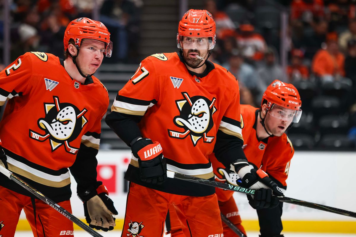 Anaheim Ducks left wing Alex Killorn (17) talks with his teammate Jackson LaCombe (2) during the NHL game against the Washington Capitals, Friday December 5th, 2025 at the Honda Center in Anaheim, Calif. Anaheim Ducks left wing Alex Killorn (17) talks with his teammate Jackson LaCombe (2) during the NHL game against the Washington Capitals, Friday December 5th, 2025 at the Honda Center in Anaheim, Calif.