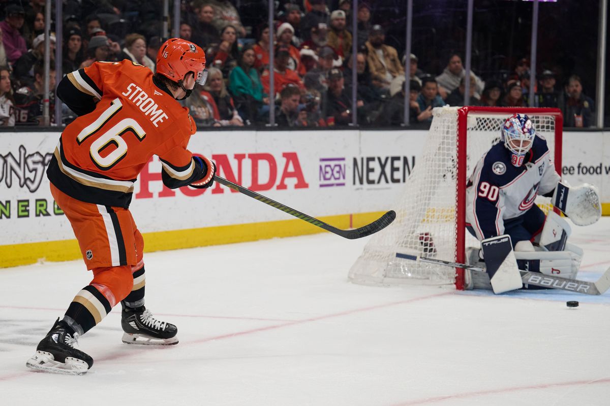 Ryan Strome #16 of the Anaheim Ducks shoots a goal attempt against the Blue Jackets at the Honda Center on December 20,2025 in Anaheim, California. Ryan Strome #16 of the Anaheim Ducks shoots a goal attempt against the Blue Jackets at the Honda Center on December 20,2025 in Anaheim, California.