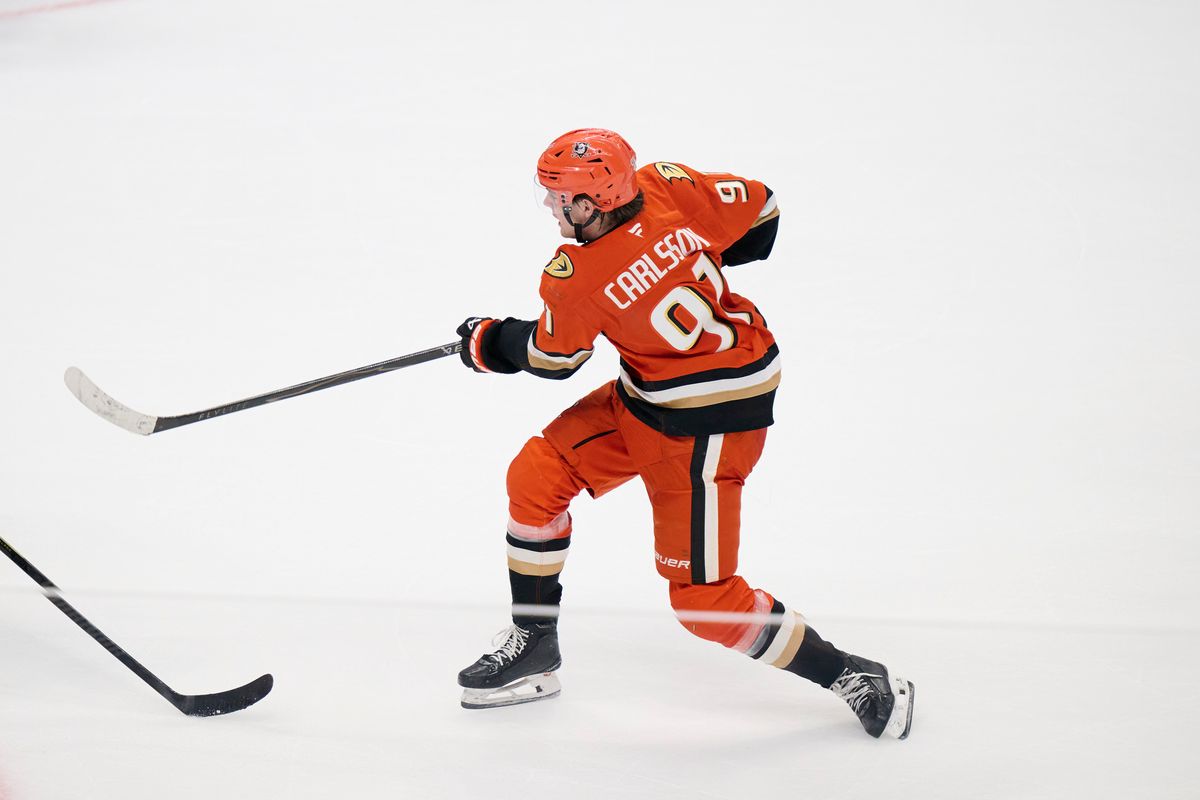 Leo Carlsson #91 of the Anaheim Ducks shoots a goal attempt against the Blue Jackets at the Honda Center on December 20,2025 in Anaheim, California. Leo Carlsson #91 of the Anaheim Ducks shoots a goal attempt against the Blue Jackets at the Honda Center on December 20,2025 in Anaheim, California.