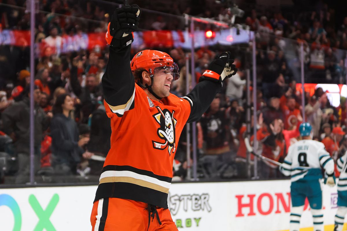 #25 C Ryan Poehling of the Anaheim Ducks celebrates a Troy Terry goal in the first period during an NHL game against the San Jose Sharks on December 29, 2025 in Anaheim, California. #25 C Ryan Poehling of the Anaheim Ducks celebrates a Troy Terry goal in the first period during an NHL game against the San Jose Sharks on December 29, 2025 in Anaheim, California.