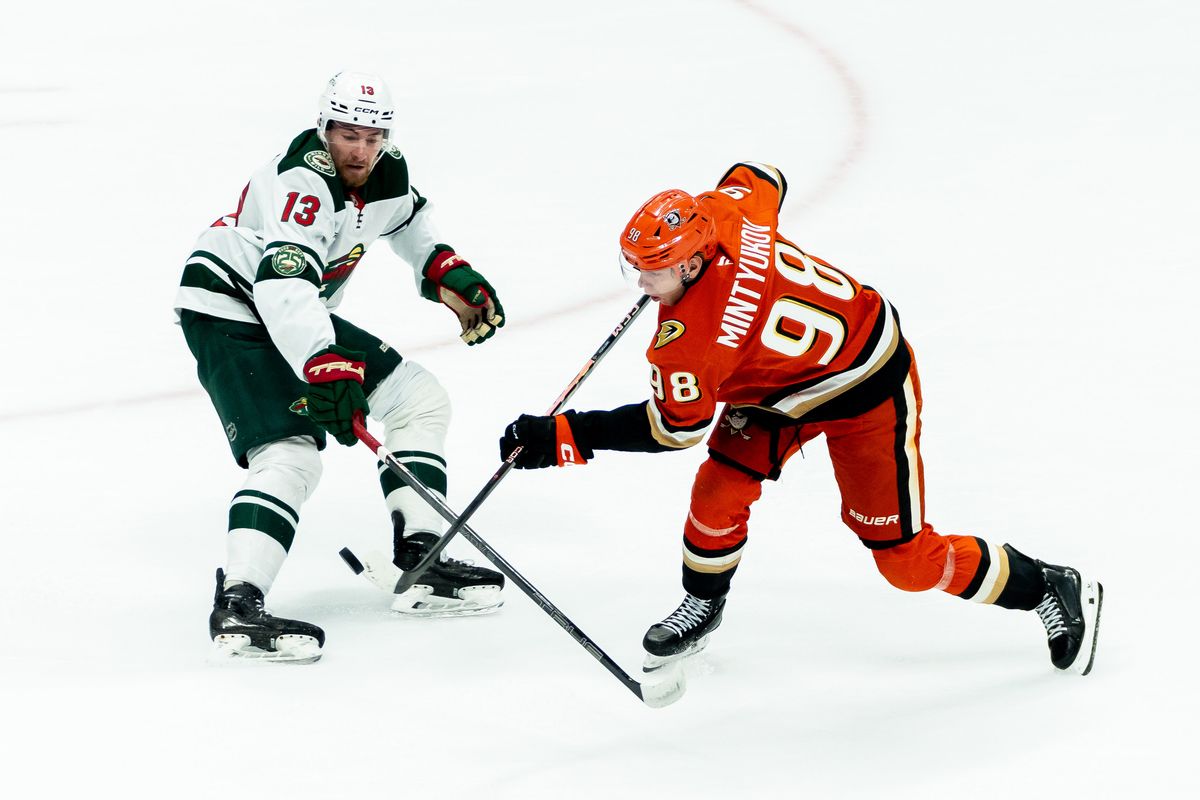 Anaheim Ducks defender Pavel Mintyukov (98) shoots the puck during an NHL hockey game against the Minnesota Wild, Friday, January 2nd, 2026 in Anaheim, California Anaheim Ducks defender Pavel Mintyukov (98) shoots the puck during an NHL hockey game against the Minnesota Wild, Friday, January 2nd, 2026 in Anaheim, California