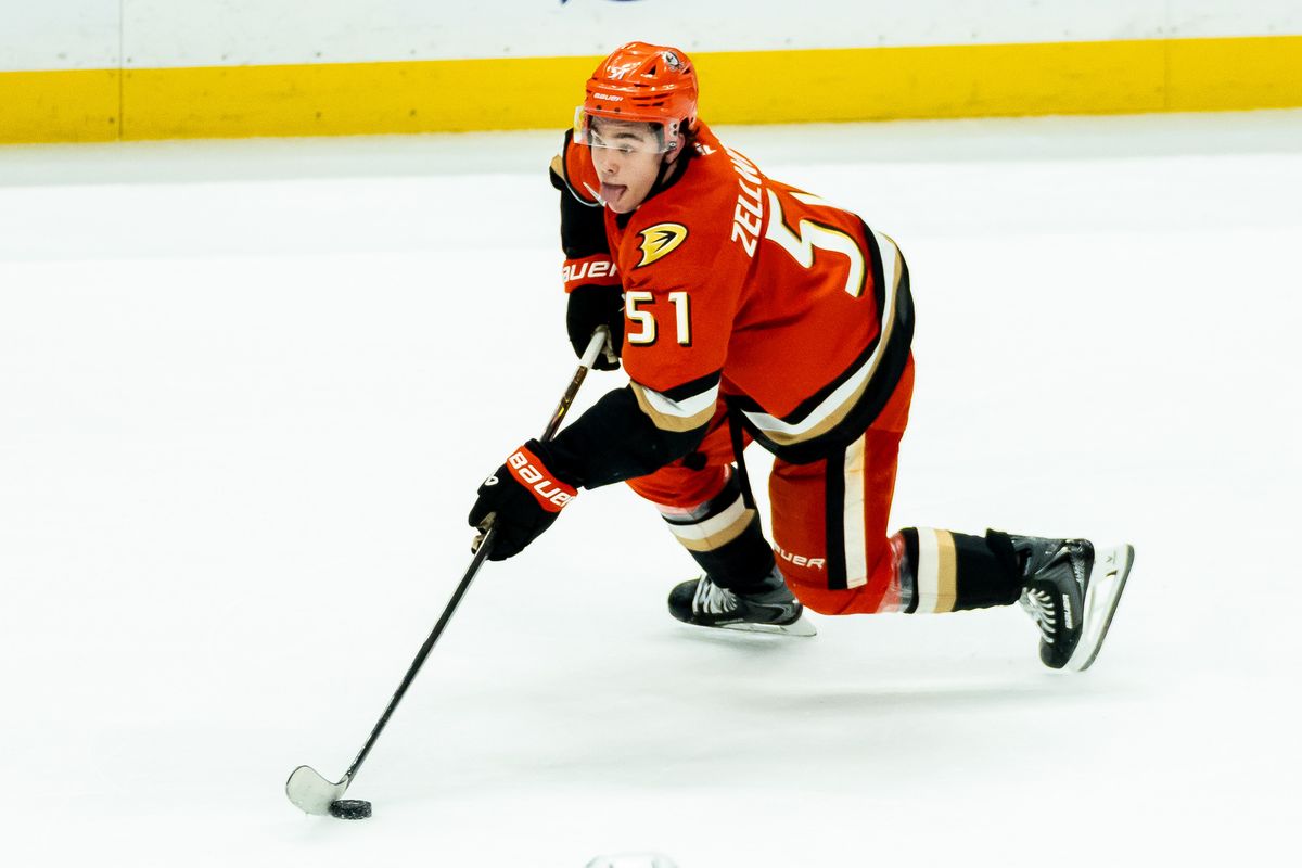 Anaheim Ducks defender Olen Zellweger (51) advances the puck during an NHL hockey game against the Minnesota Wild, Friday, January 2nd, 2026 in Anaheim, California Anaheim Ducks defender Olen Zellweger (51) advances the puck during an NHL hockey game against the Minnesota Wild, Friday, January 2nd, 2026 in Anaheim, California