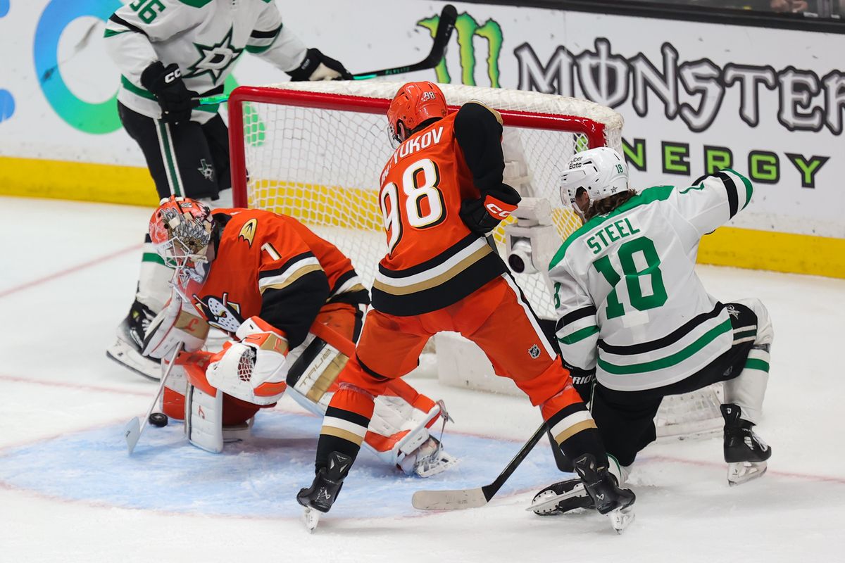Anaheim Ducks goalie Lukas Dostal (1) makes a save during an NHL game against the Dallas Stars on January 13, 2026 in Anaheim, CA. Anaheim Ducks goalie Lukas Dostal (1) makes a save during an NHL game against the Dallas Stars on January 13, 2026 in Anaheim, CA.