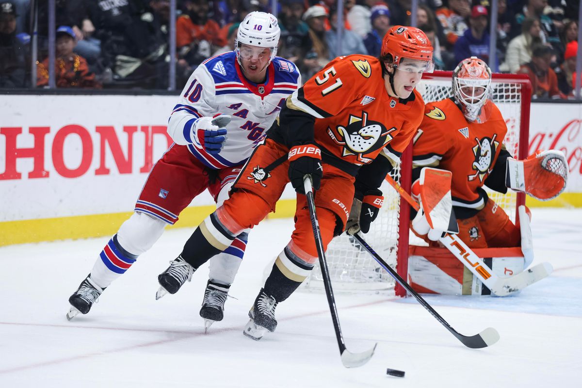 Anaheim Ducks defenseman Olen Zellweger (51) controls the puck during the NHL game against the New York Rangers, Monday January 19th, 2026 at Honda Center in Anaheim, Calif. Anaheim Ducks defenseman Olen Zellweger (51) controls the puck during the NHL game against the New York Rangers, Monday January 19th, 2026 at Honda Center in Anaheim, Calif.
