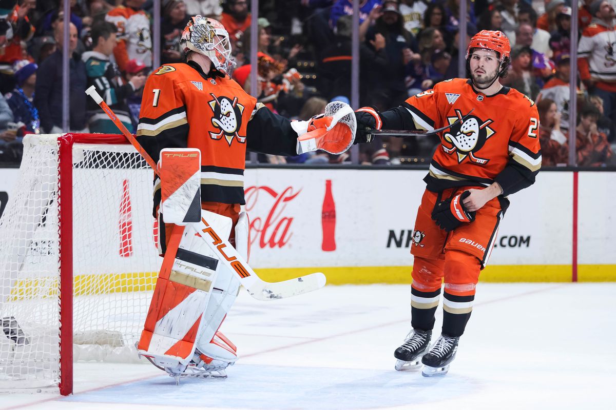 Anaheim Ducks center Mason McTavish (23) celebrates with goalie Lukas Dostal (1) after scoring during the NHL game against the New York Rangers, Monday January 19th, 2026 at Honda Center in Anaheim, Calif. Anaheim Ducks center Mason McTavish (23) celebrates with goalie Lukas Dostal (1) after scoring during the NHL game against the New York Rangers, Monday January 19th, 2026 at Honda Center in Anaheim, Calif.