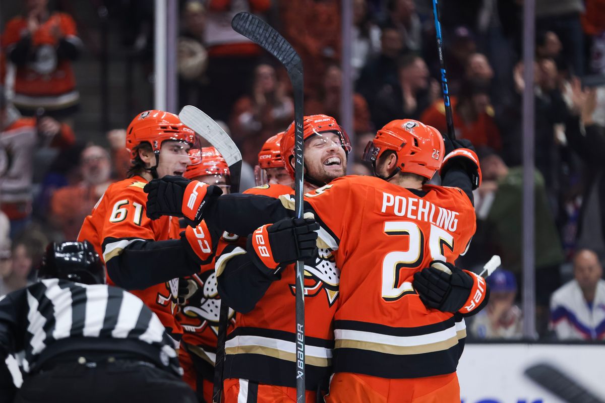 Anaheim Ducks left wing Jeffrey Viel (28) celebrates with his teammates after scoring during the NHL game against the New York Rangers, Monday January 19th, 2026 at Honda Center in Anaheim, Calif. Anaheim Ducks left wing Jeffrey Viel (28) celebrates with his teammates after scoring during the NHL game against the New York Rangers, Monday January 19th, 2026 at Honda Center in Anaheim, Calif.