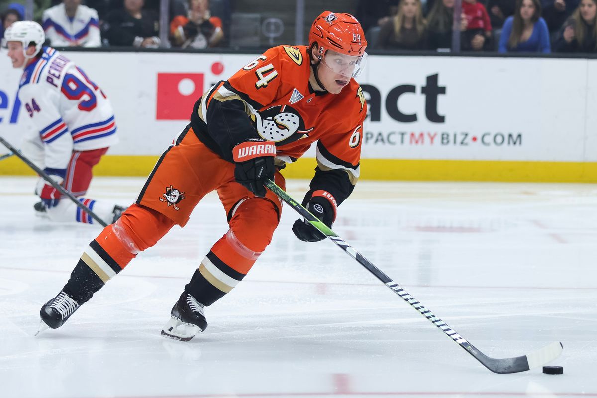 Anaheim Ducks center Mikael Granlund (64) with the puck during the NHL game against the New York Rangers, Monday January 19th, 2026 at Honda Center in Anaheim, Calif. Anaheim Ducks center Mikael Granlund (64) with the puck during the NHL game against the New York Rangers, Monday January 19th, 2026 at Honda Center in Anaheim, Calif.