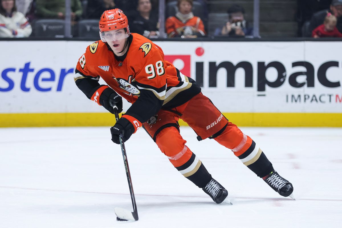 Anaheim Ducks defenseman Pavel Mintyukov (98) with the puck during the NHL game against the New York Rangers, Monday January 19th, 2026 at Honda Center in Anaheim, Calif. Anaheim Ducks defenseman Pavel Mintyukov (98) with the puck during the NHL game against the New York Rangers, Monday January 19th, 2026 at Honda Center in Anaheim, Calif.