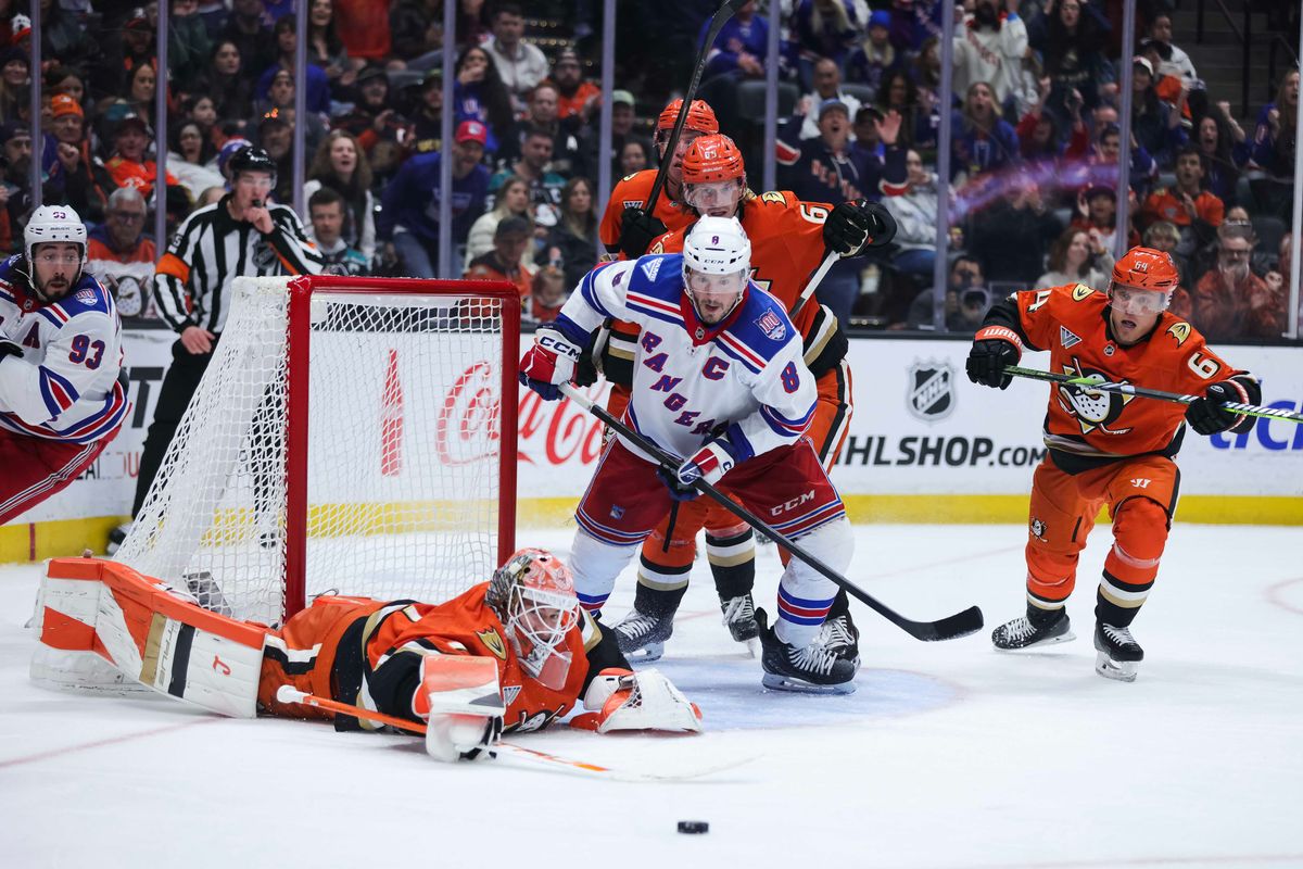 Anaheim Ducks block the puck during the NHL game against the New York Rangers, Monday January 19th, 2026 at Honda Center in Anaheim, Calif. Anaheim Ducks block the puck during the NHL game against the New York Rangers, Monday January 19th, 2026 at Honda Center in Anaheim, Calif.