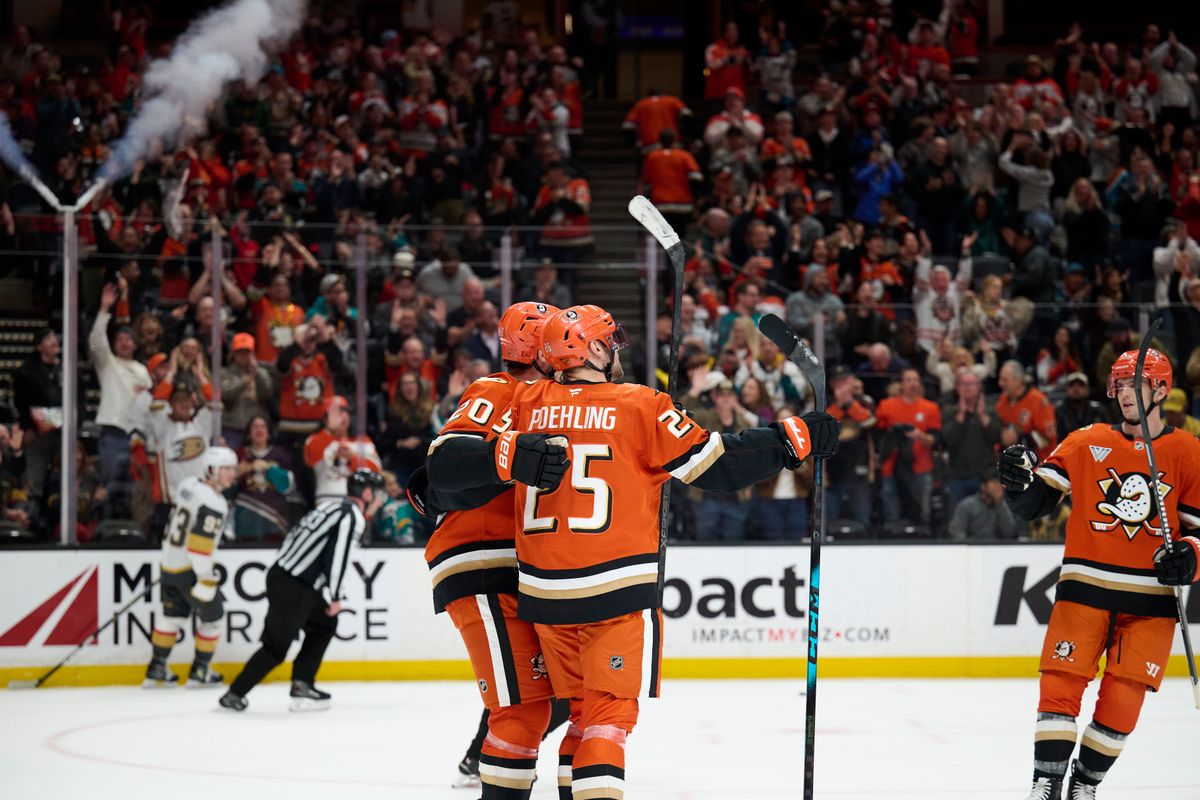 The Anaheim Ducks center Ryan Poehling (25) and left wing Chris kreider (20) celebrate a goal against The Las Vegas Golden Knights February 1st, 2026 in Anaheim California. The Anaheim Ducks center Ryan Poehling (25) and left wing Chris kreider (20) celebrate a goal against The Las Vegas Golden Knights February 1st, 2026 in Anaheim California.