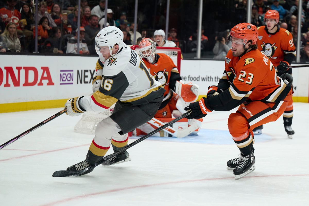 The Anaheim Ducks center Mason McTavish (23) fights for the puck against The Las Vegas Golden Knights February 1st, 2026 in Anaheim California. The Anaheim Ducks center Mason McTavish (23) fights for the puck against The Las Vegas Golden Knights February 1st, 2026 in Anaheim California.
