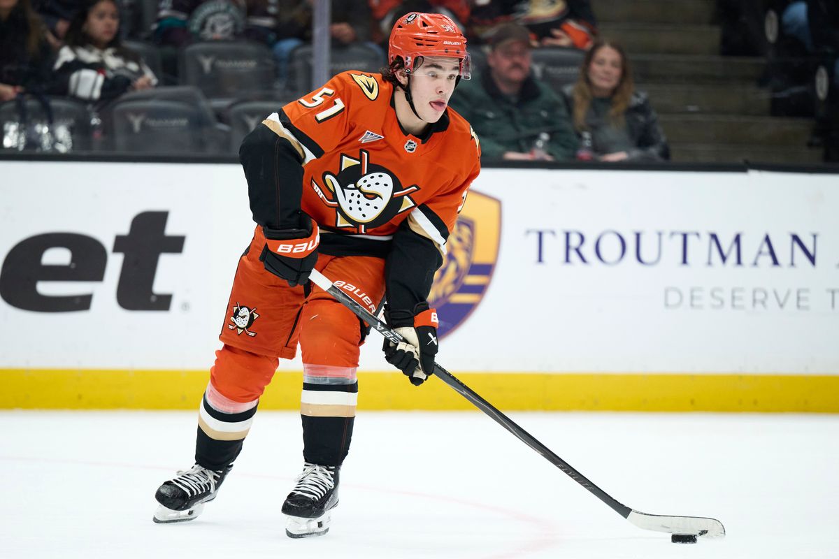 The Anaheim Duck defender Olen Zellweger (51) skates with the puck against The Las Vegas Golden Knights February 1st, 2026 in Anaheim California. The Anaheim Duck defender Olen Zellweger (51) skates with the puck against The Las Vegas Golden Knights February 1st, 2026 in Anaheim California.