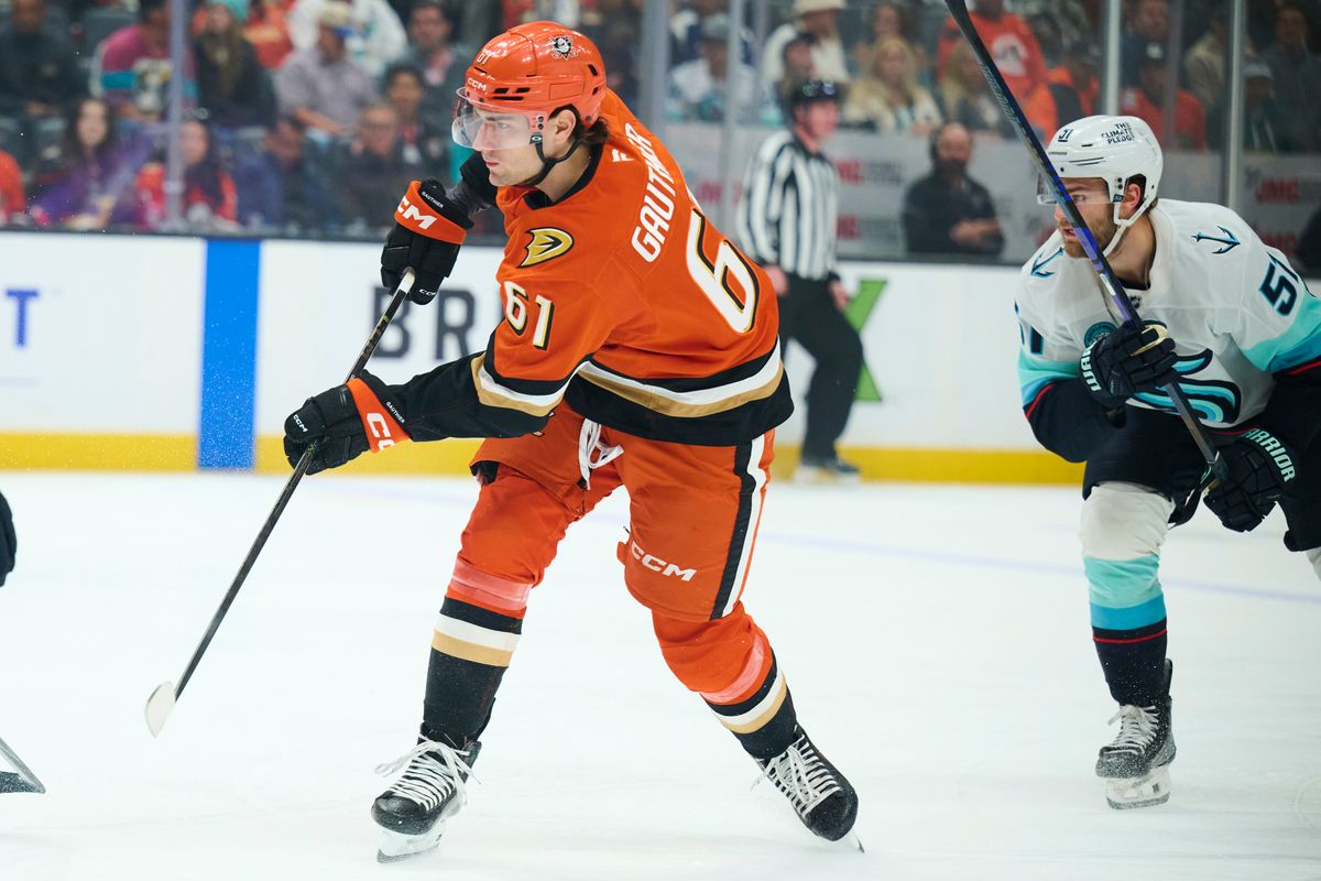 The Anaheim Duck’s left wing Cutter Gauthier (61) shoot’s a goal attempt in the first period against the Seattle Kraken February 3rd, 2026 in Anaheim California. The Anaheim Duck’s left wing Cutter Gauthier (61) shoot’s a goal attempt in the first period against the Seattle Kraken February 3rd, 2026 in Anaheim California.