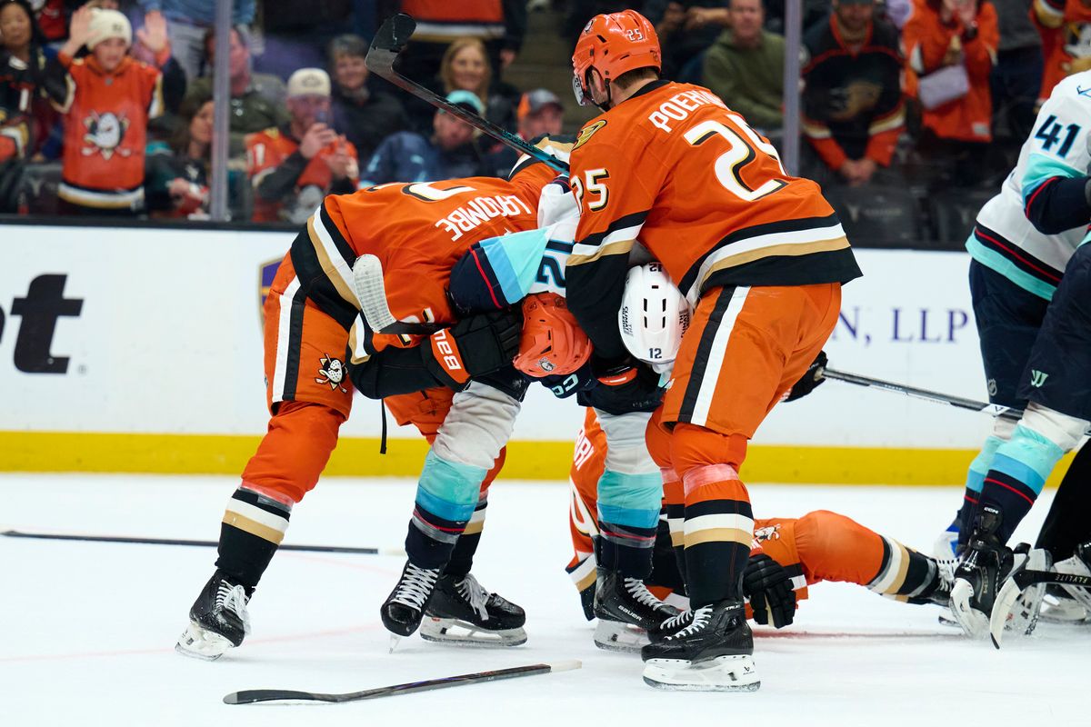 The Anaheim Duck’s and the Seattle Kraken get into a brawl in the second period February 3rd, 2026 in Anaheim California. The Anaheim Duck’s and the Seattle Kraken get into a brawl in the second period February 3rd, 2026 in Anaheim California.