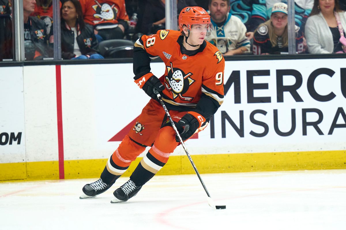 The Anaheim Duck’s defender Pavel Mintyukov (98) skates with the puck agains’t the Seattle Kraken February 3rd, 2026 in Anaheim California. The Anaheim Duck’s defender Pavel Mintyukov (98) skates with the puck agains’t the Seattle Kraken February 3rd, 2026 in Anaheim California.