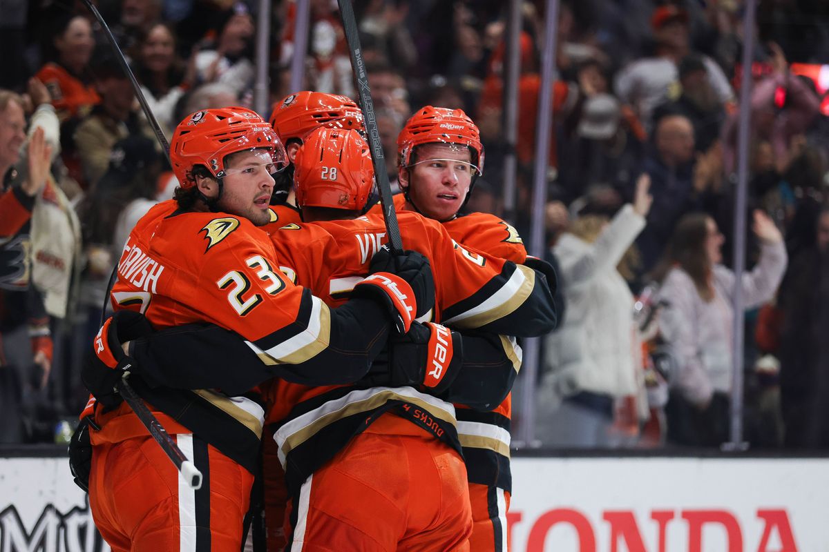 Anaheim Ducks celebrate during the NHL game against the Edmonton Oilers, Wednesday February 25th, 2026 at Honda Center in Anaheim, Calif. Anaheim Ducks celebrate during the NHL game against the Edmonton Oilers, Wednesday February 25th, 2026 at Honda Center in Anaheim, Calif.